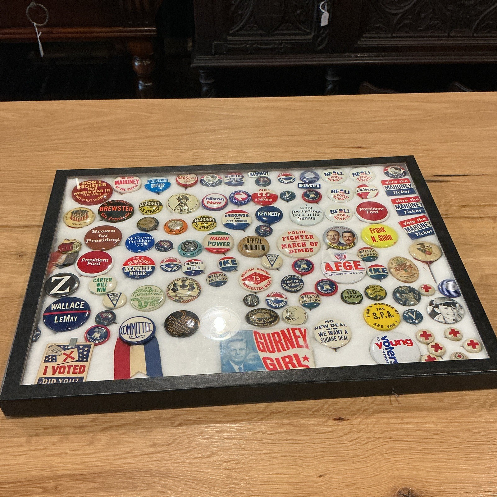 Vintage Political Campaign Pin Back Button Collection Framed Case Included Rare
