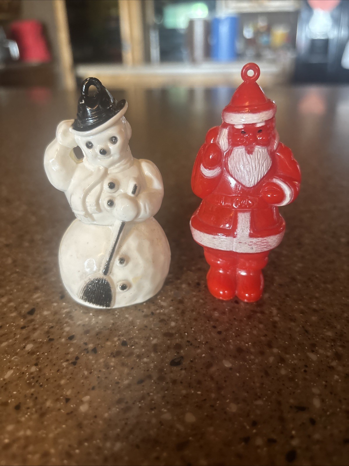 Vintage 3” 1940s Rosen Rosbro Celluloid/Hard Plastic Snowman & Santa Ornaments