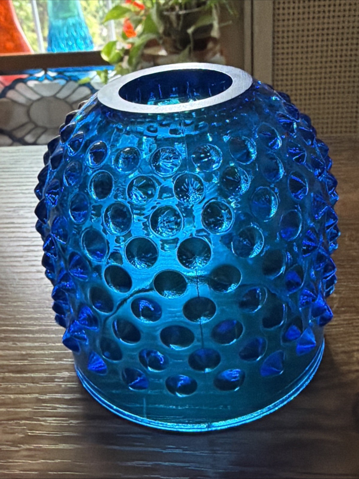 VTG Fenton Glass Colonial Blue 3 Piece Hobnail Fairy Lamp ~ LID ONLY