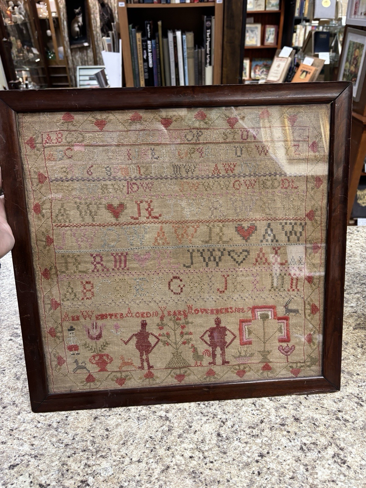 ANTIQUE EARLY 19TH NEEDLEWORK SAMPLER HEARTS, FLOWERS. ANN WEBSTER 1827. 18X18
