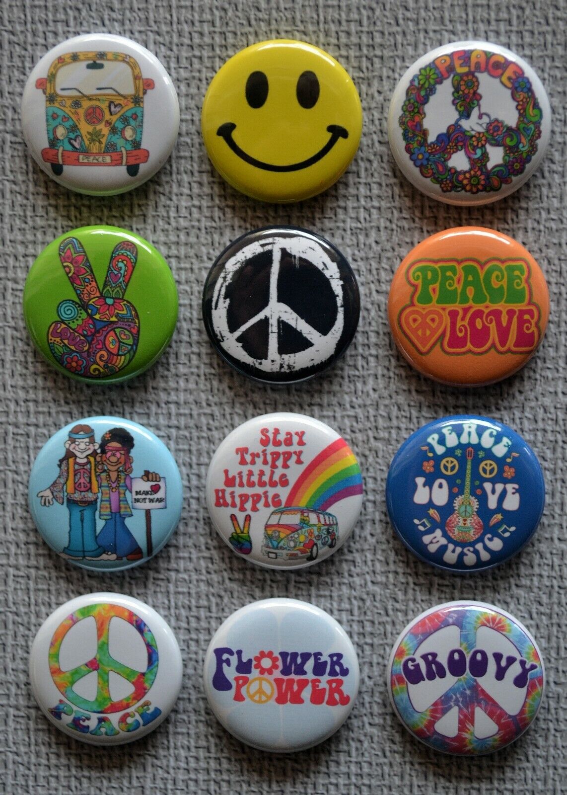 Hippie Peace & Love -  1 Inch Pin Back Buttons 