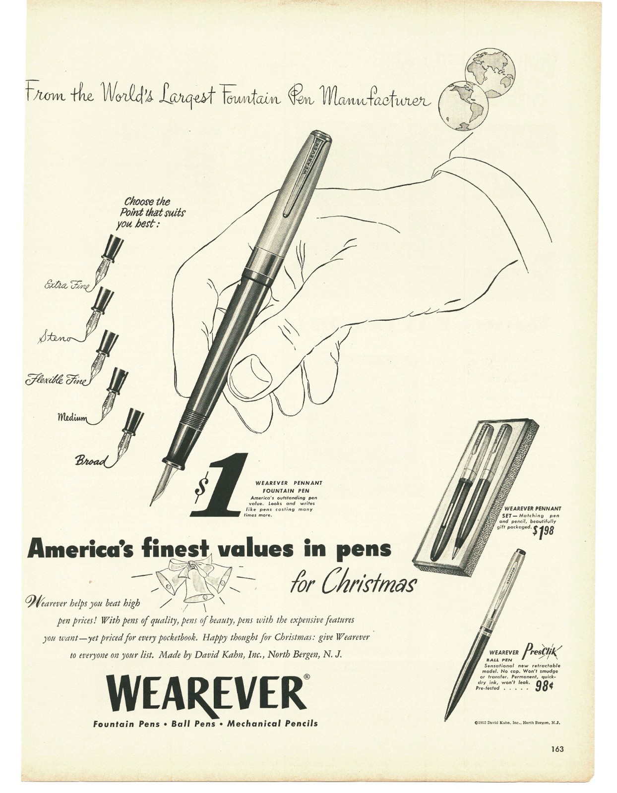 1952 Wearever Pennant Fountain Pen Vintage Print Ad PresClik Ball Pen Nibs