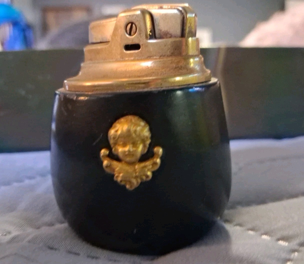 Vintage 1950s Ronson Cupid Table Lighter Black Gold Cherub MCM USA WORKS