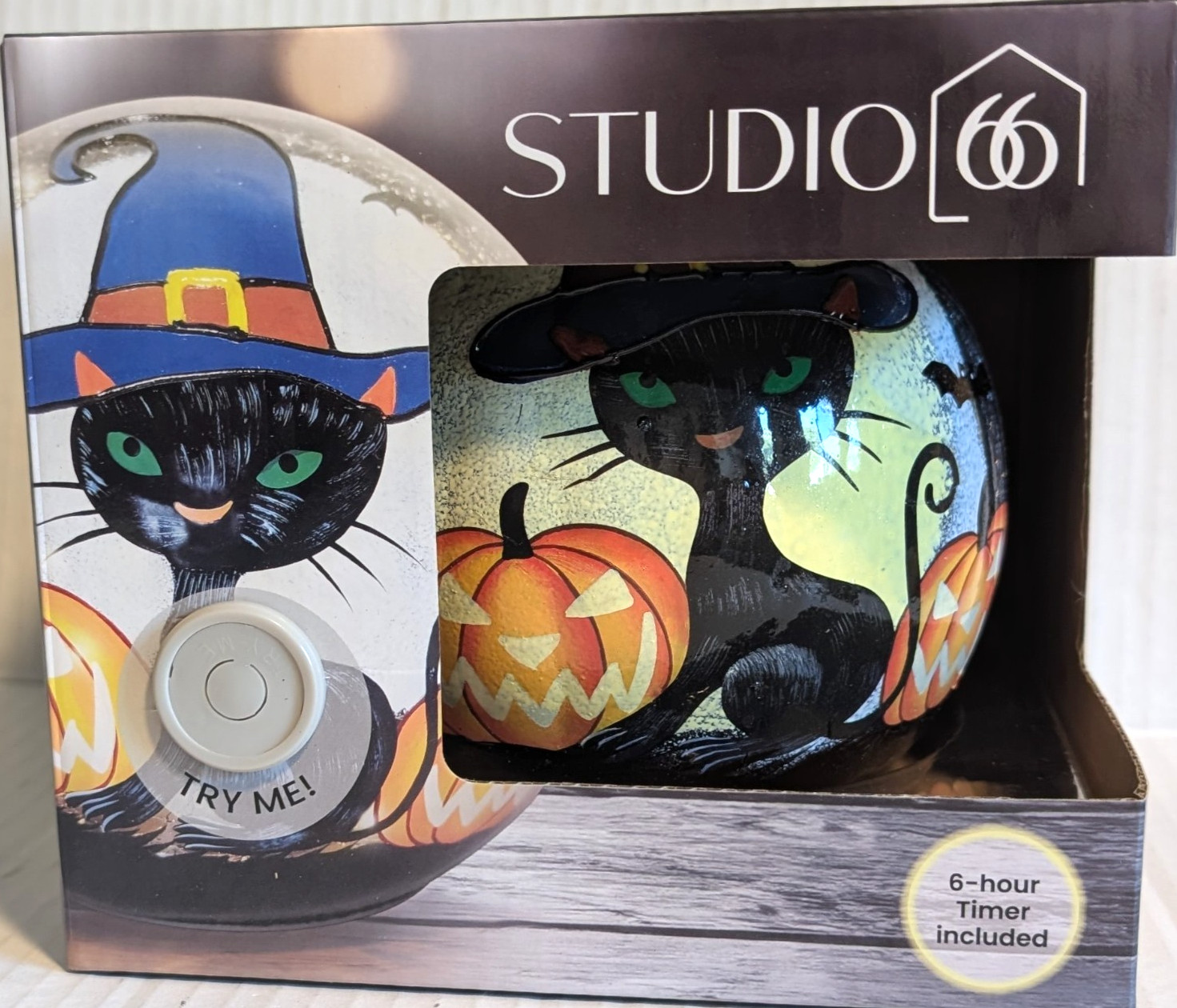 Studio 66 Halloween Black Cat Pumpkins Light Crackle Glass 6 Hour Timer 6\ Studio 66 Halloween Black Cat Pumpkins Light Crackle Glass 6 Hour Timer 6\