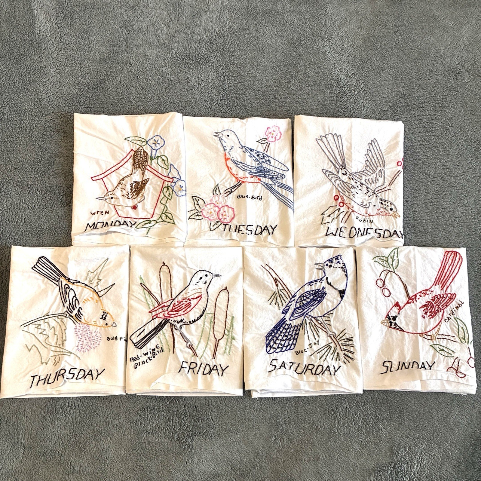 Vintage Embroidered Kitchen Tea Towels Song Birds 7 Days Of The Week Cardinal Vintage Embroidered Kitchen Tea Towels Song Birds 7 Days Of The Week Cardinal