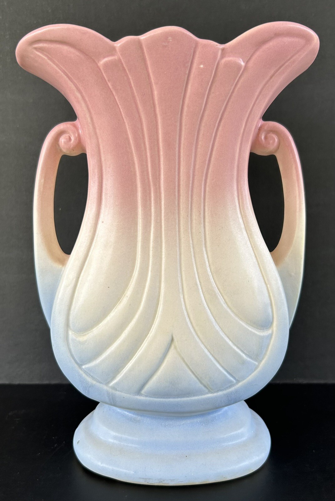 Vintage Hull Pottery Vase Mari Gras Double Handled Art Deco Pink Blue