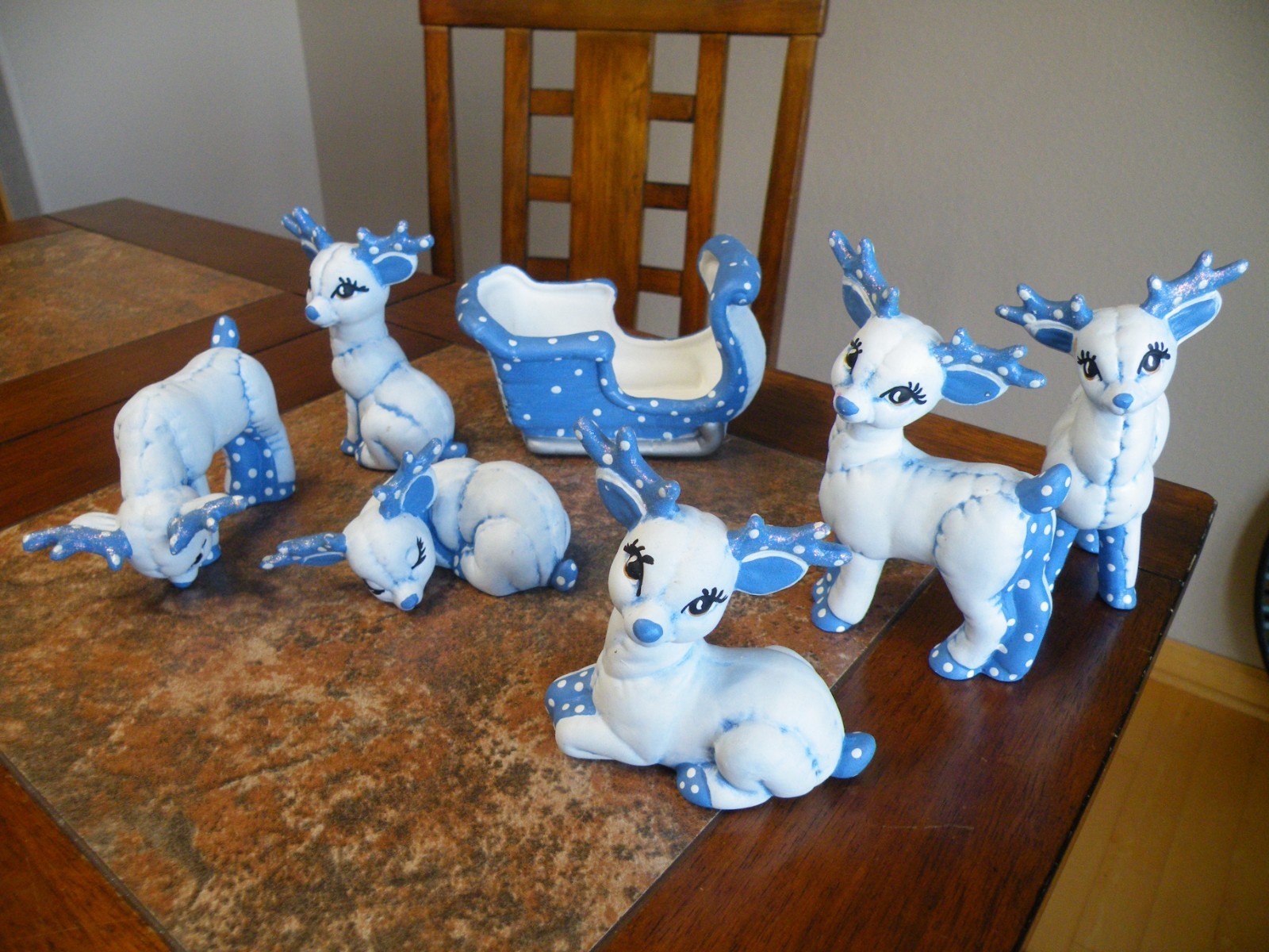 Vtg 7Pc. Kimple Mold Reindeer Sleigh Figurines Set Hand Painted Christmas FREESH