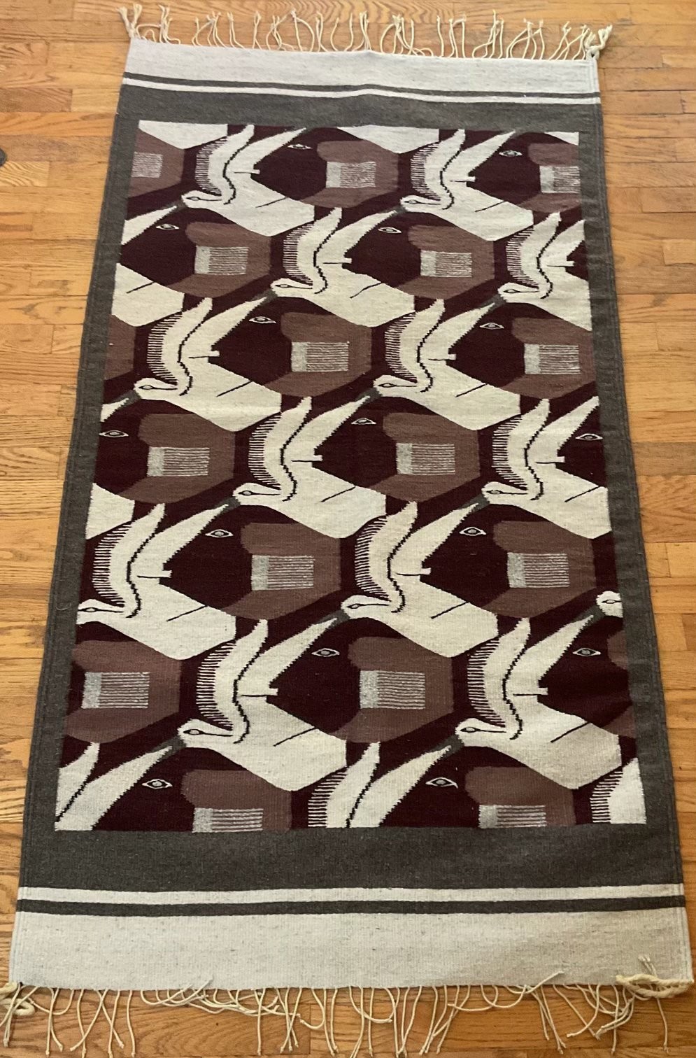 Vintage Handwoven Wool Rug Escher Style Birds Fish Chimayo Style 70x34 Vintage Handwoven Wool Rug Escher Style Birds Fish Chimayo Style 70x34