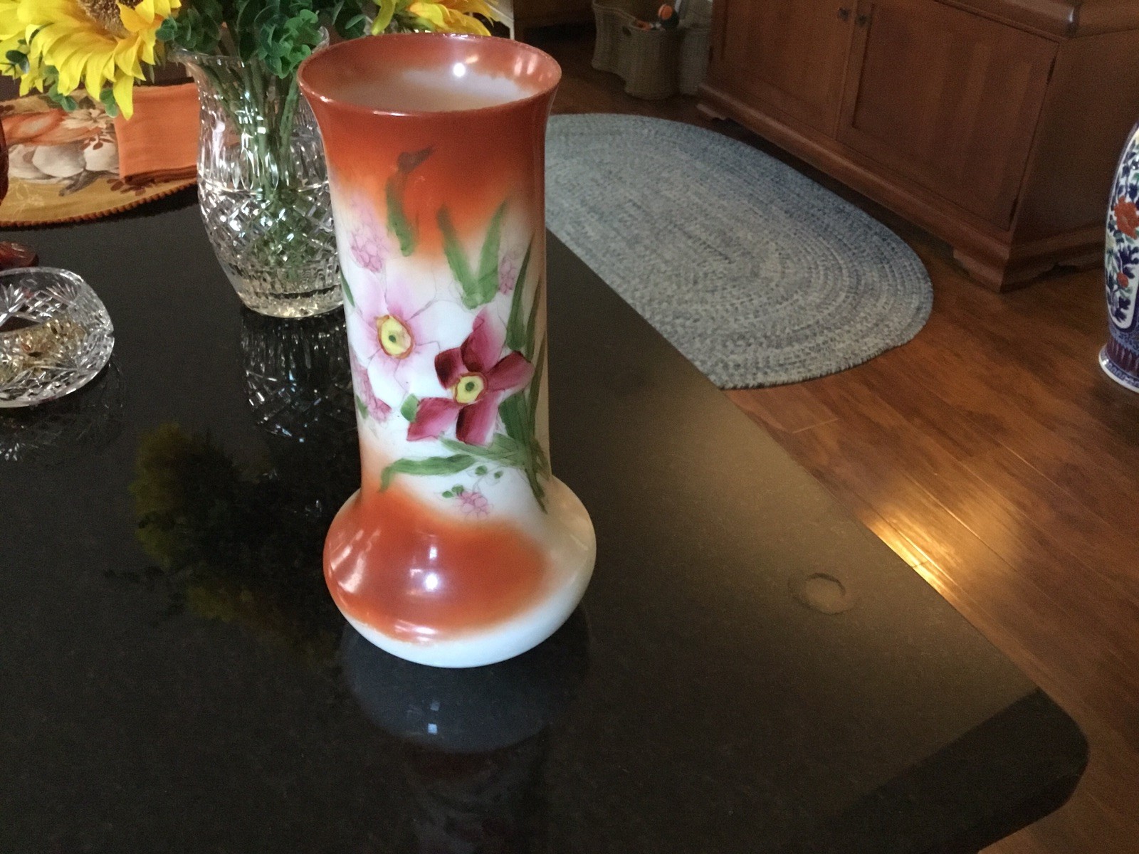 Late Victorian Art Nouveau Opaque White Milk Glass Handpainted Vase. 11 1/2” H