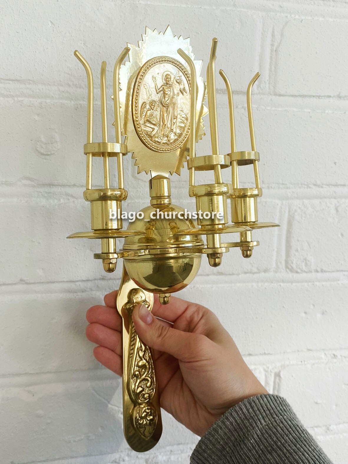 Church Orthodox Easter Three Candle Blessing Holder brass 11.81\