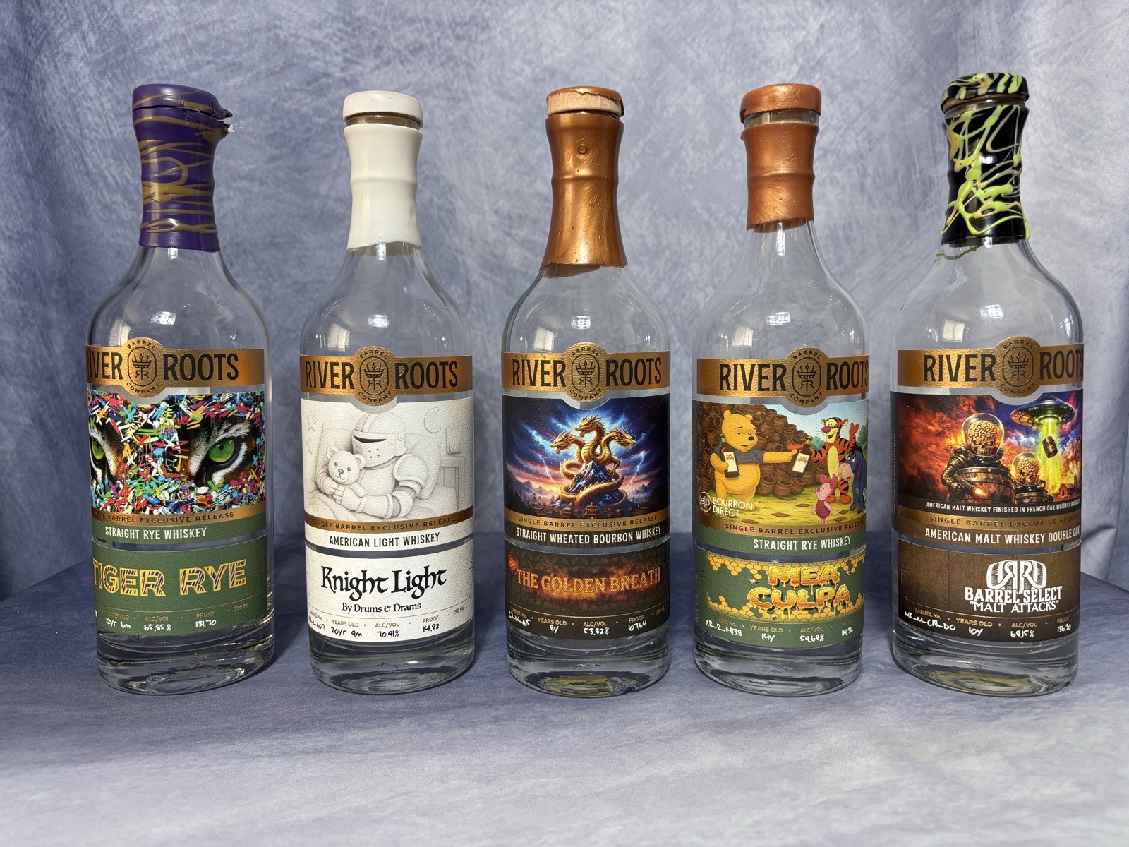 River Roots Straight Bourbon Whiskey and Rye Whiskey Empty Bottle Lot of 5