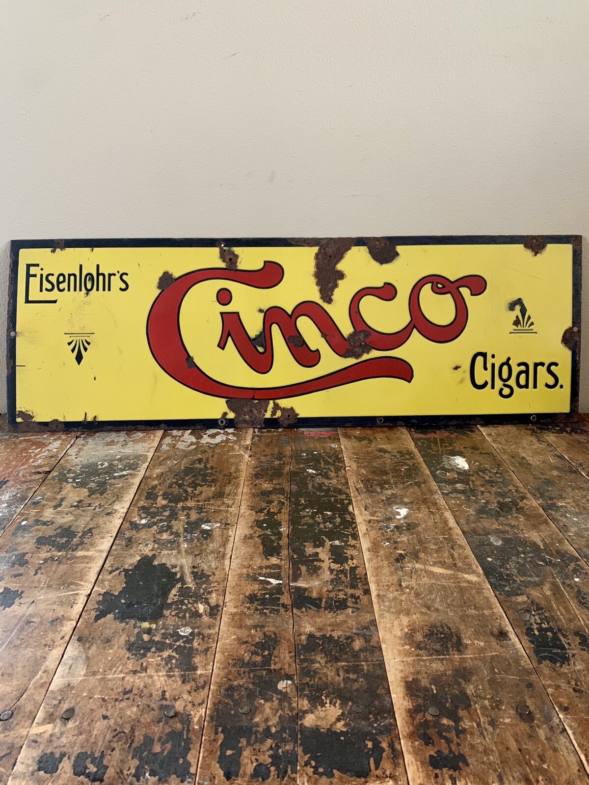 Early Antique Porcelain Eisenlohr’s Cinco Cigars Sign 36” x 12” Early Antique Porcelain Eisenlohr’s Cinco Cigars Sign 36” x 12”