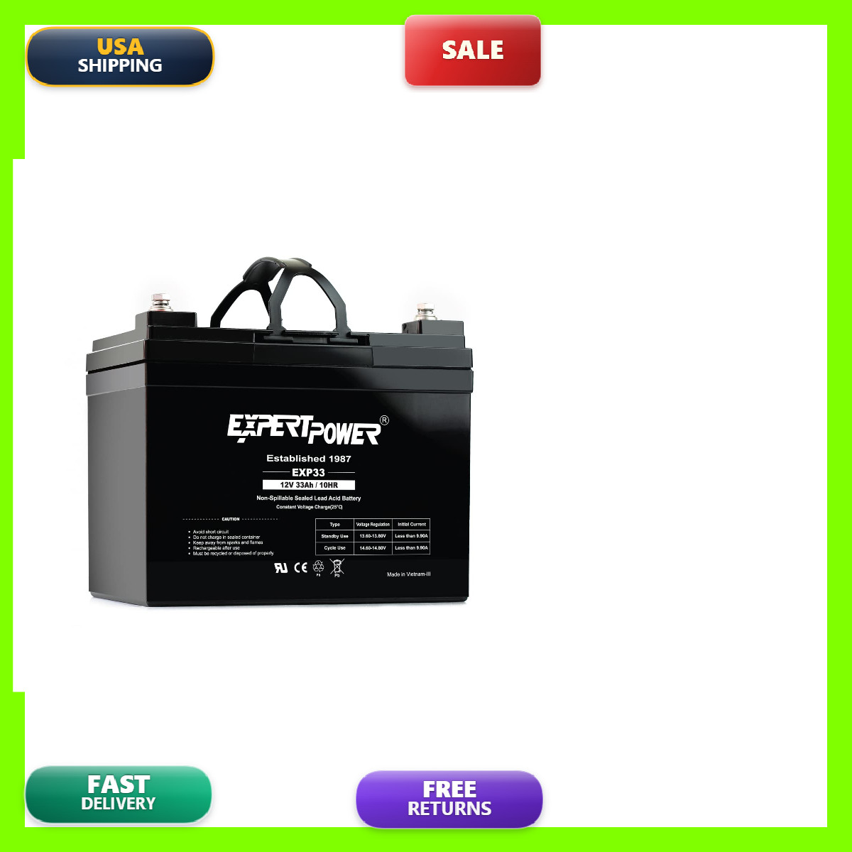Expertpower Exp33-12V 33Ah Sla Agm Battery For Solar Energy Storage Ups Trailer Expertpower Exp33-12V 33Ah Sla Agm Battery For Solar Energy Storage Ups Trailer