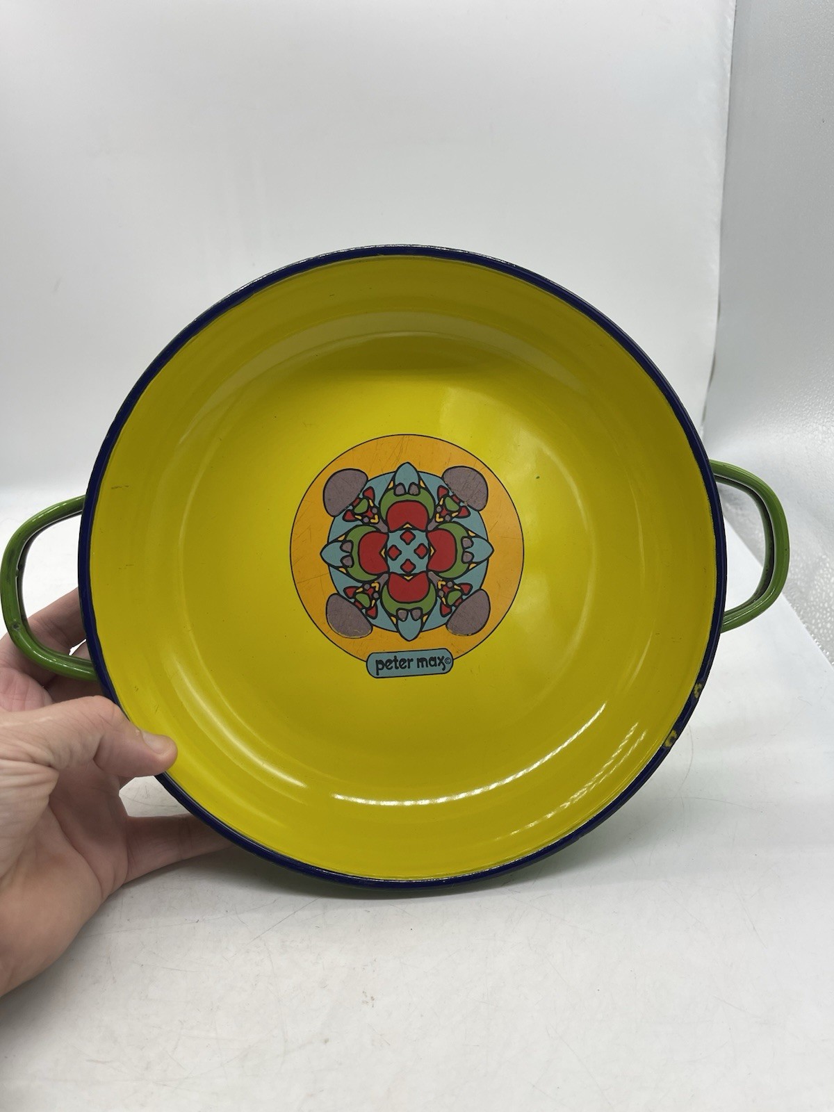 Vtg 1970s PETER MAX Enamelware Mid-Century Green & Yellow Enamel Saute Pan Vtg 1970s PETER MAX Enamelware Mid-Century Green & Yellow Enamel Saute Pan
