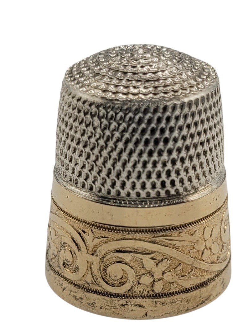 Antique Simons Bros Sterling Silver Gold Band Thimble Size 10 Floral Scroll 1890