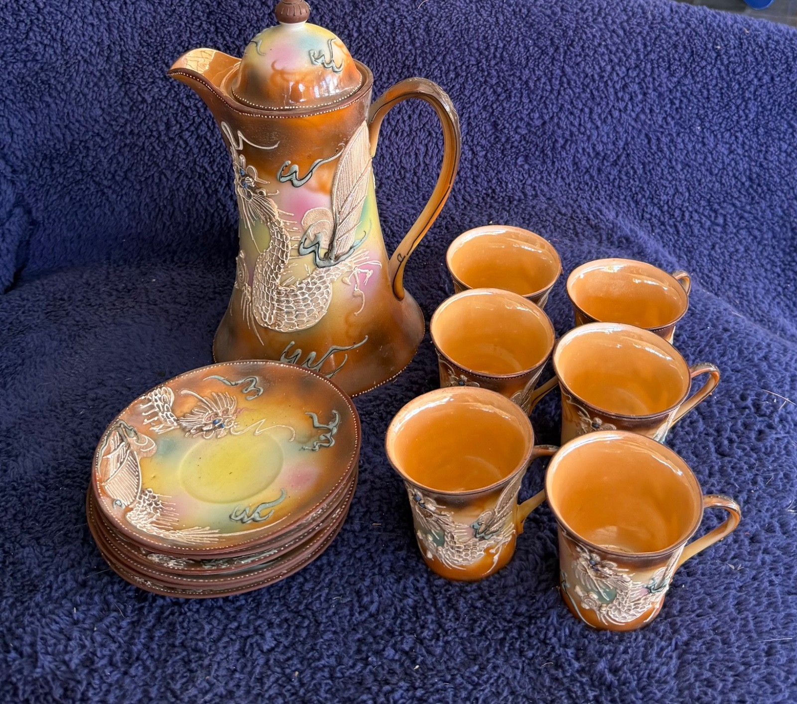 13 pc VTG Japanese Moriage Dragonware Chocolate Pot Tea Set Lusterware Orange