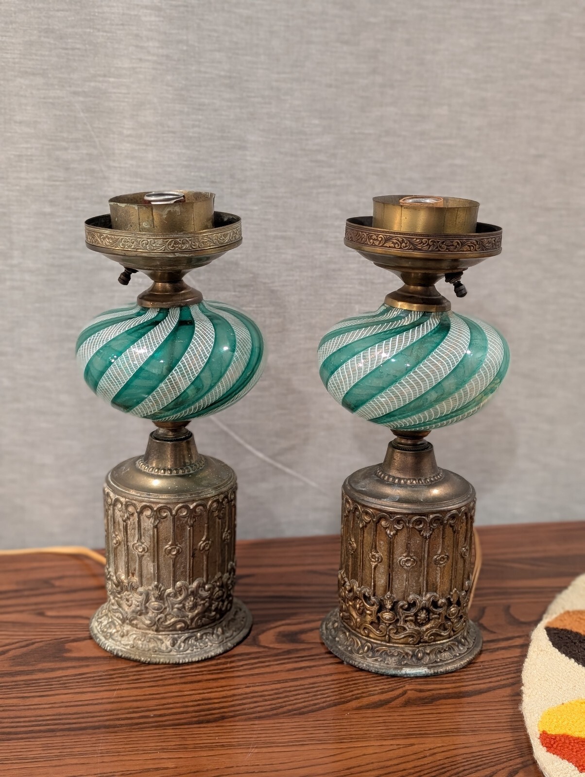 VTG Pair Italian Murano Glass & Brass Boudoir Lamps Green Latticino Paul’s Gifts VTG Pair Italian Murano Glass & Brass Boudoir Lamps Green Latticino Paul’s Gifts