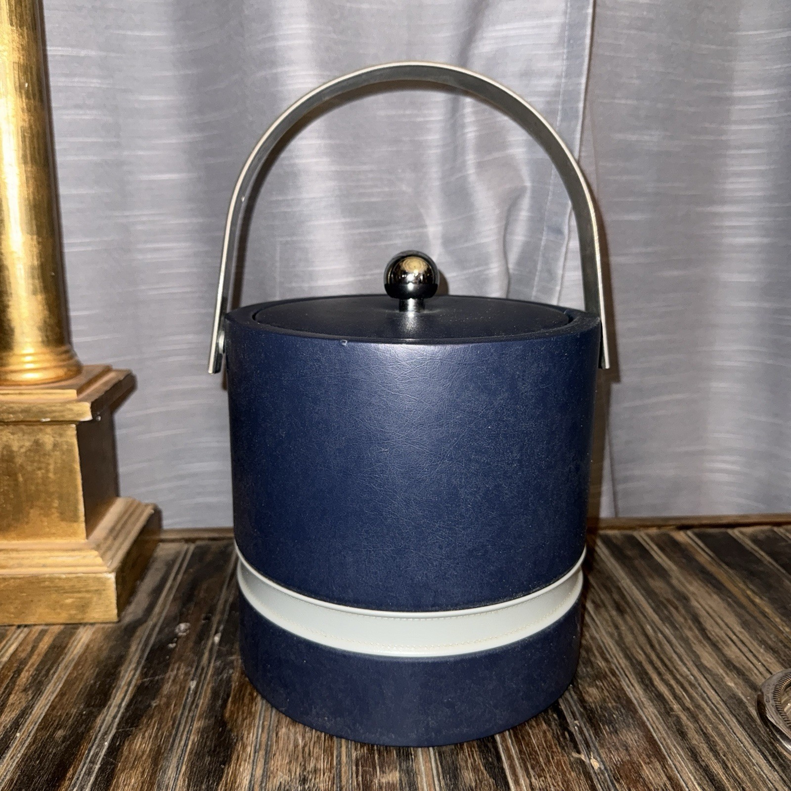 Vintage Mid Century Modern Navy Blue Ice Bucket Vinyl Faux Leather Retro Bar MCM Vintage Mid Century Modern Navy Blue Ice Bucket Vinyl Faux Leather Retro Bar MCM