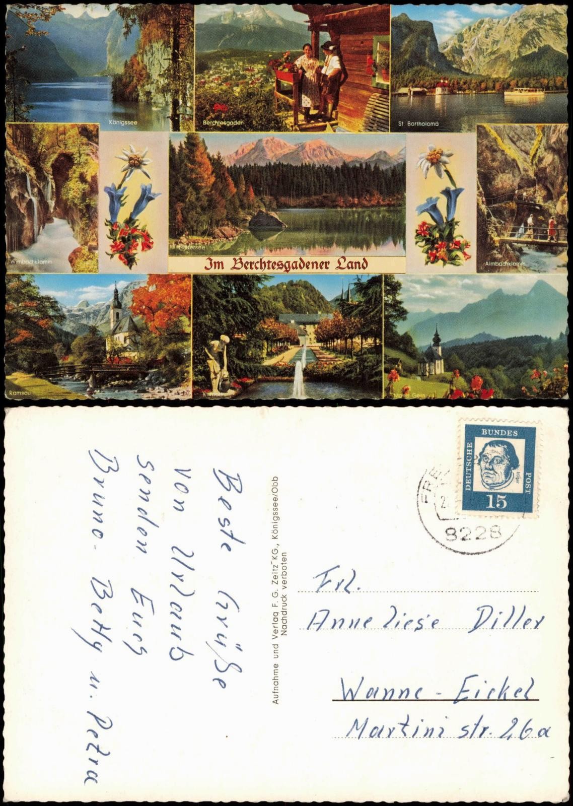 Postcard Berchtesgaden multi-picture in Berchtesgadener Land Edelweiss 1965 Postcard Berchtesgaden multi-picture in Berchtesgadener Land Edelweiss 1965