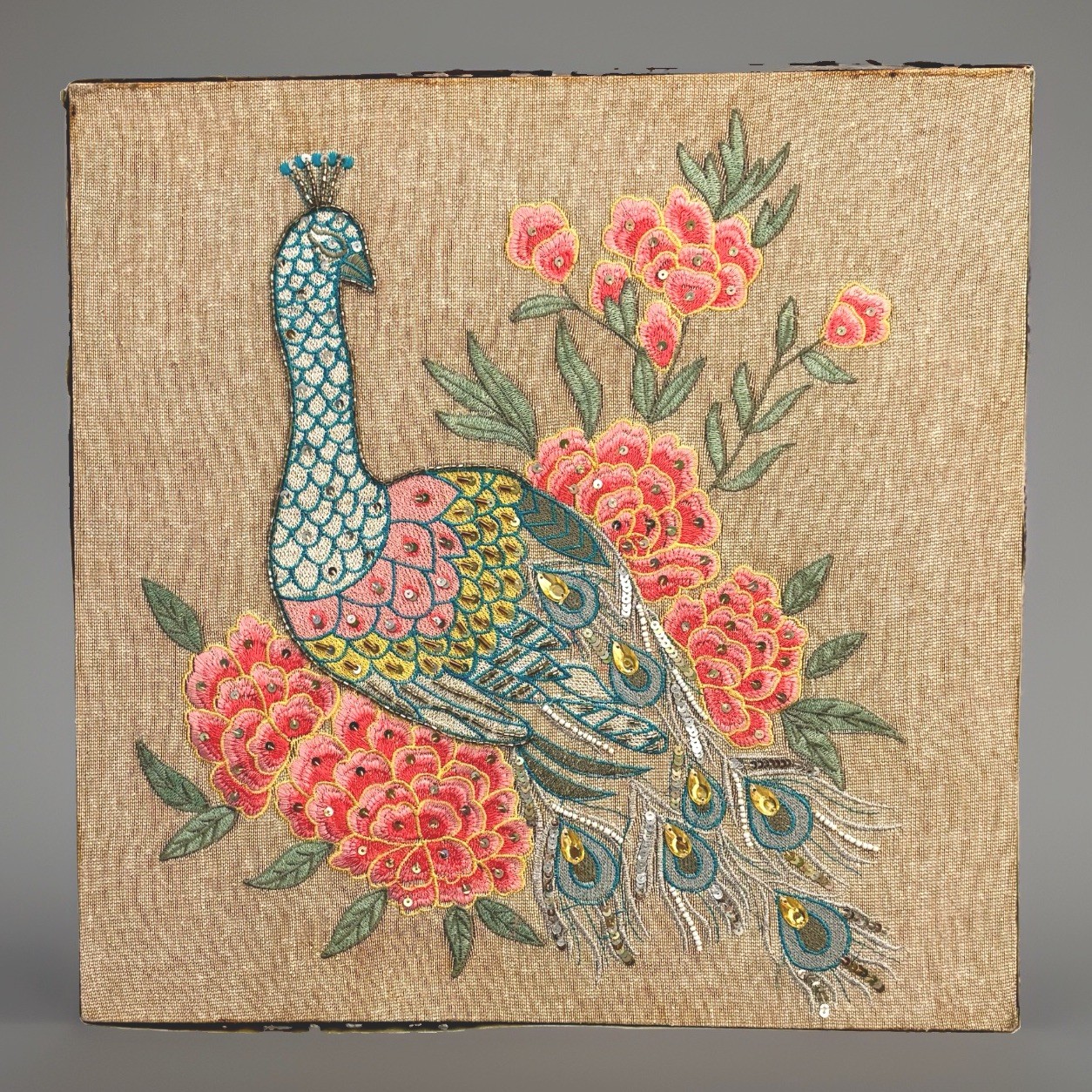 Vtg MCM Hollywood Embroidered w Sequin/Beads Peacock Wall Art Decor 16” Square Vtg MCM Hollywood Embroidered w Sequin/Beads Peacock Wall Art Decor 16” Square