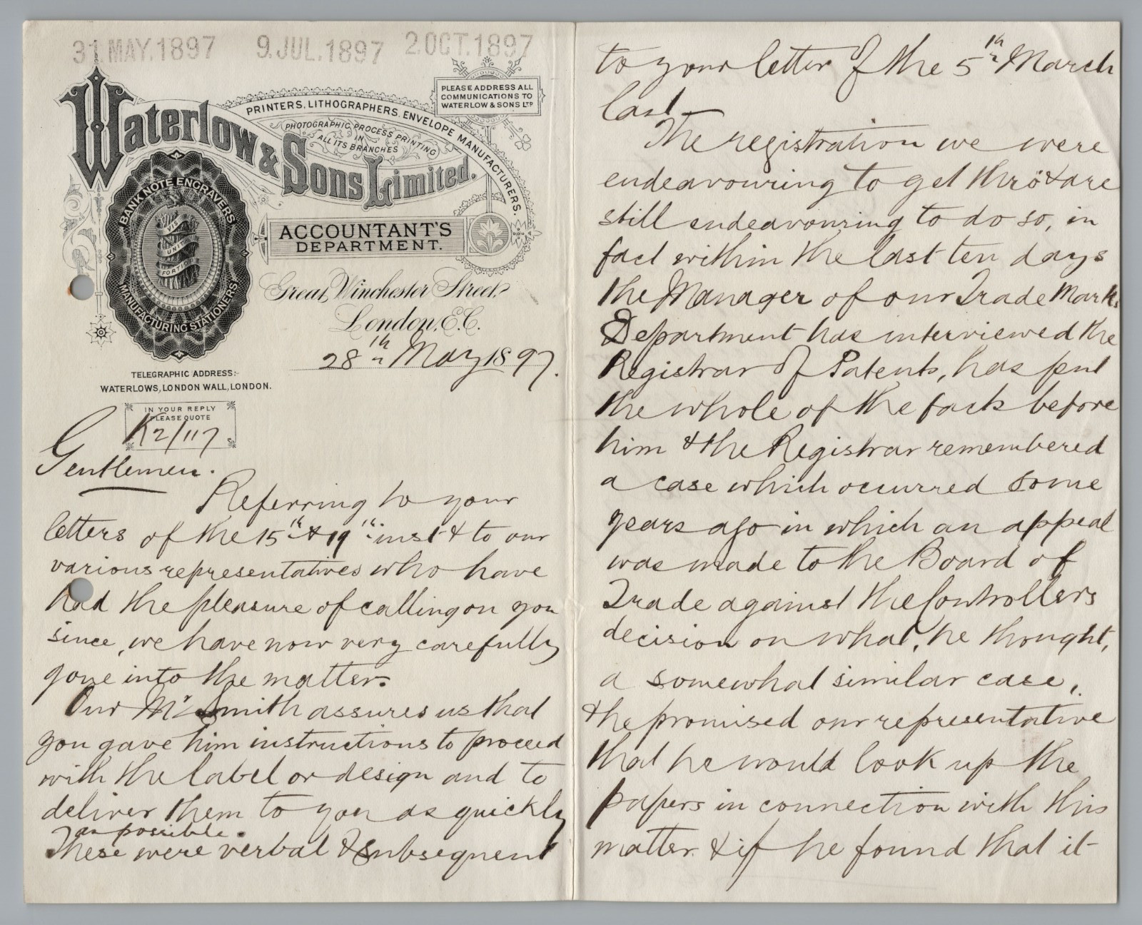 1897 Waterlow & Sons London Stationery Letter Trademark Patent Legal Ephemera