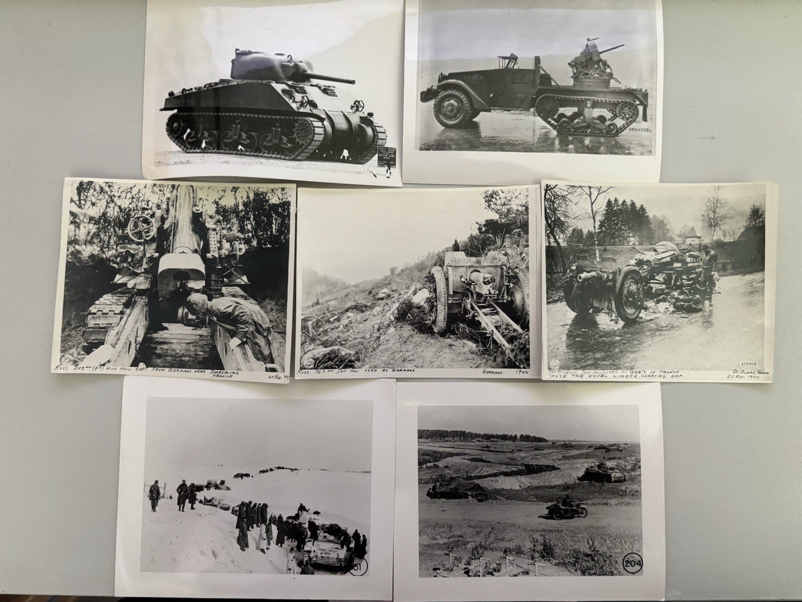 US WWII Photographs of US M4A2 Tank and M-13 Half Track, German Artillery