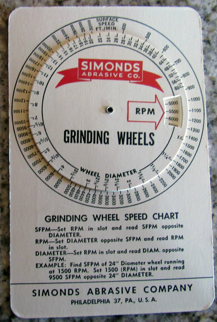 Vintage Simonds Saw & Steel Co. Grinding Wheel Speed Chart Abrasive Gauge 1959