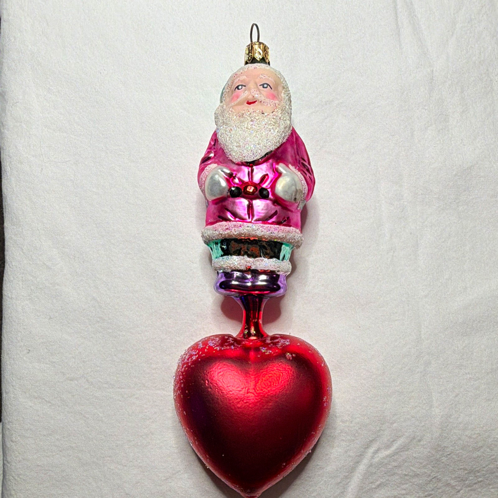 Vintage Christopher Radko Glass Santa Standing on Large Red Heart Ornament 8.5 Vintage Christopher Radko Glass Santa Standing on Large Red Heart Ornament 8.5