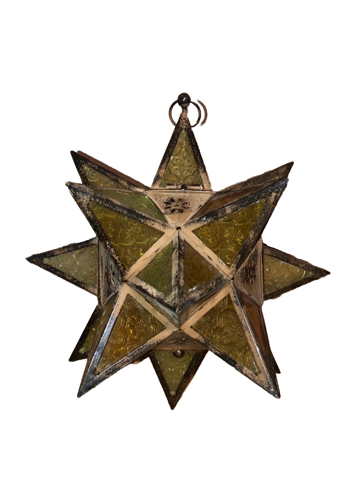 Vintage Hanging Star Metal Votive Candle Pendant Hanging Light Lamp  Amber Glass