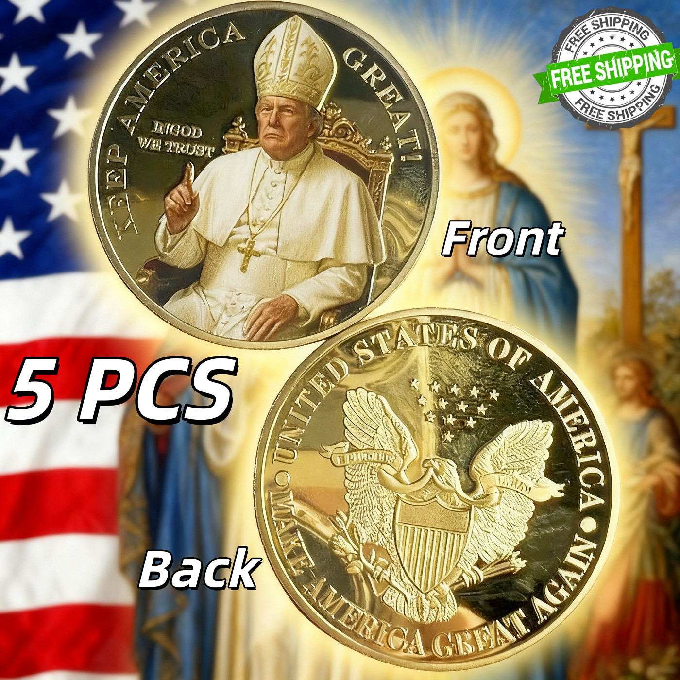 5 PCS Commemorative Coins Trump  President Donald ,Faith/Patriotic/Collect coins