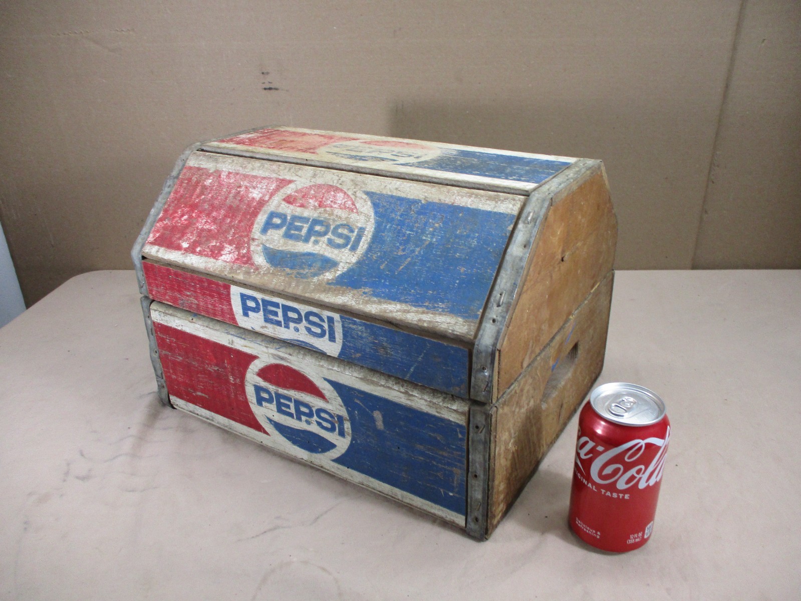 Vintage PEPSI Cola Wooden Storage Camelback Hinged Chest Steel Banded Vintage PEPSI Cola Wooden Storage Camelback Hinged Chest Steel Banded