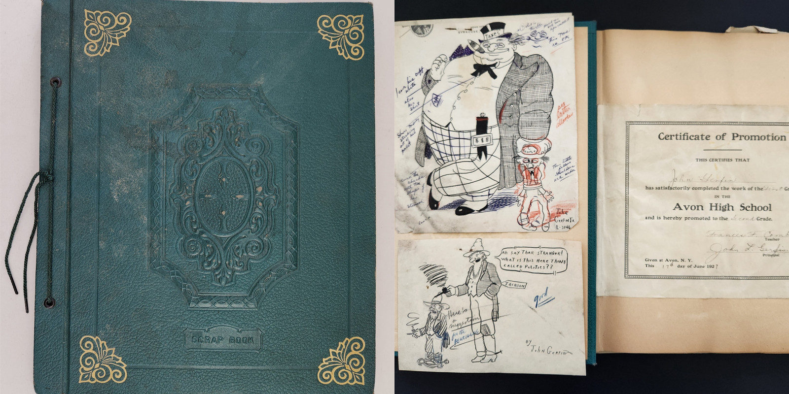 1920s antique JOHN GERFIN batavia ny SCRAPBOOK w original ART SKETCHES NEWS etc