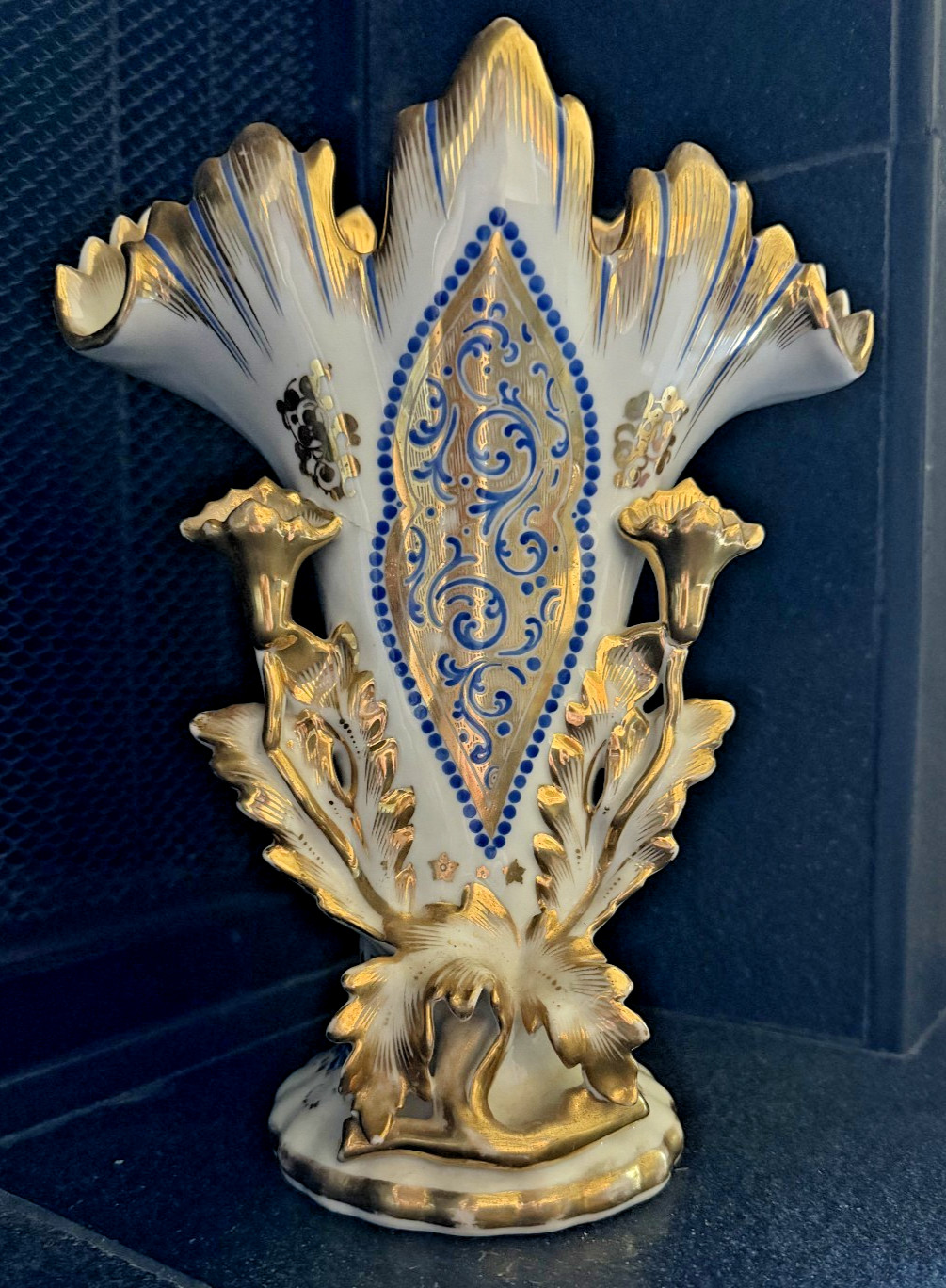 Old Paris Style Porcelain Altar Wedding Bridal Vase Blue Gold Gilt 11\