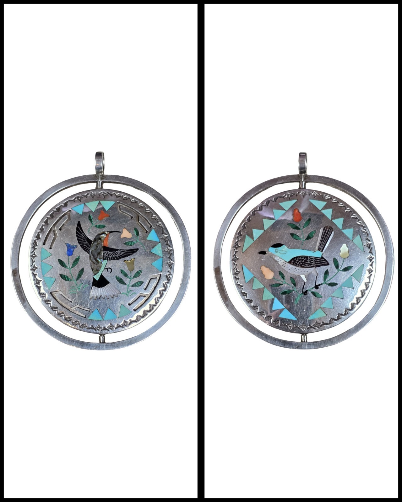 VINTAGE ZUNI SAMMY & ESTHER GUARDIAN INLAY BIRD SPINNER STERLING SILVER PENDANT