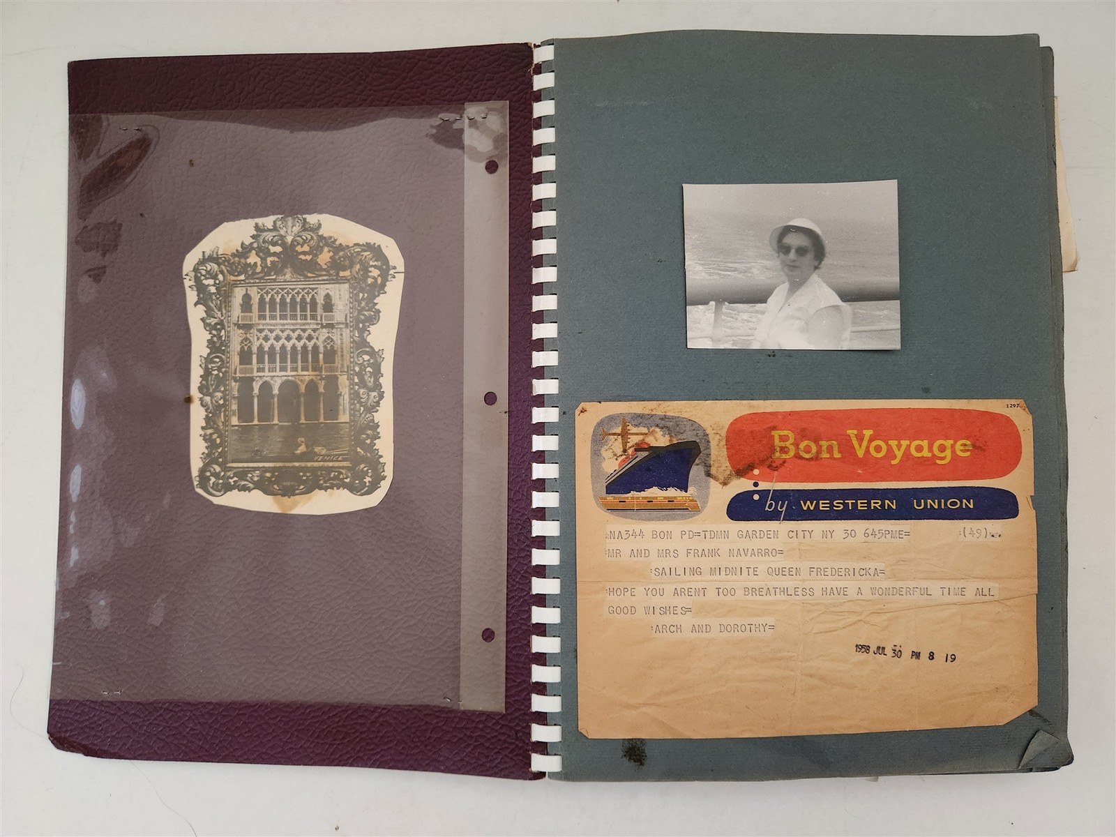 1958 vintage ITALY TRAVEL SCRAPBOOK menu photo pc Frank NAVARRO QUEEN FREDERICA 