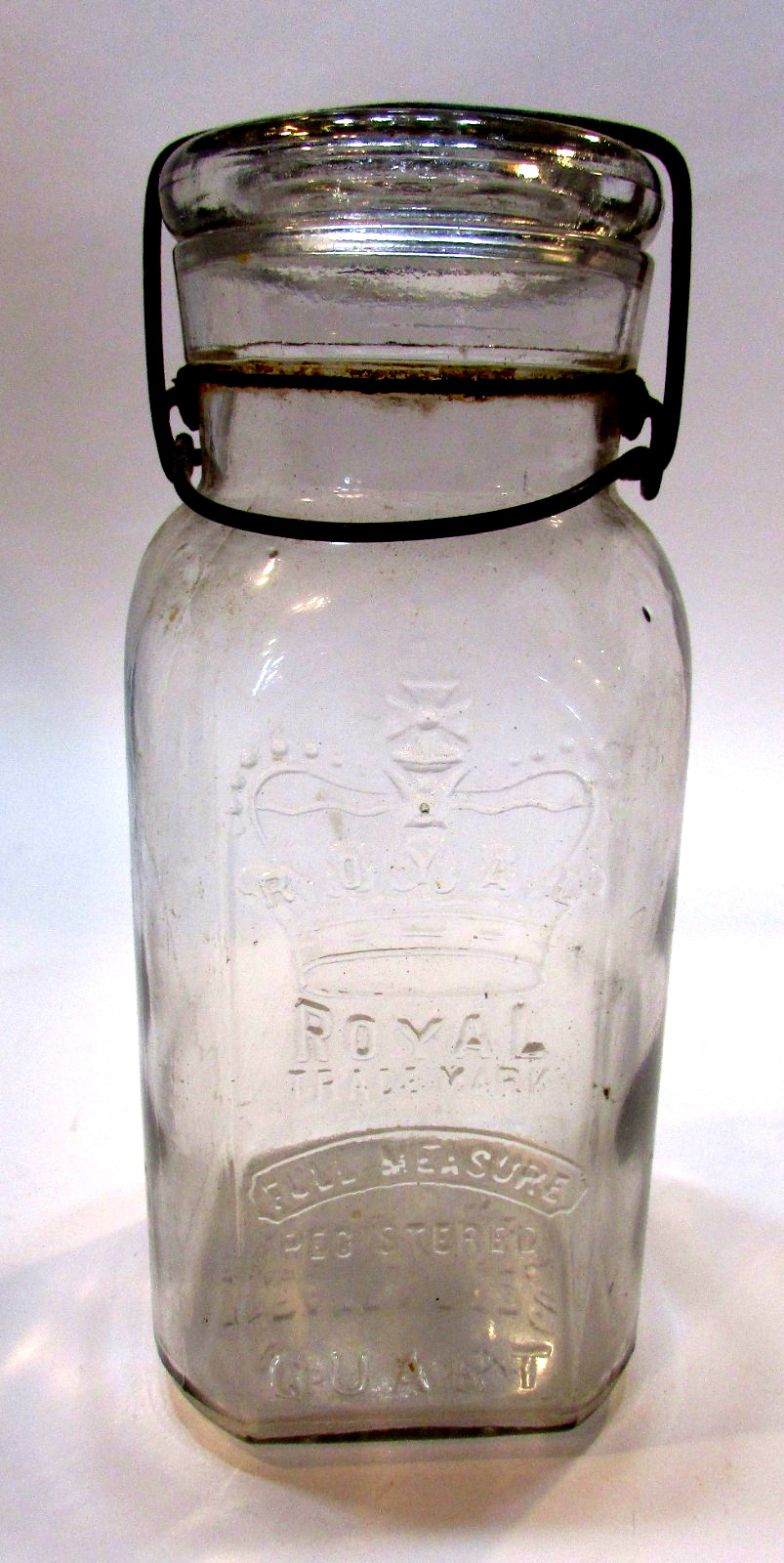 Old 1898 Smalley\'s Royal Boston Full Measure Antique 1 qt Square Clear Glass Jar