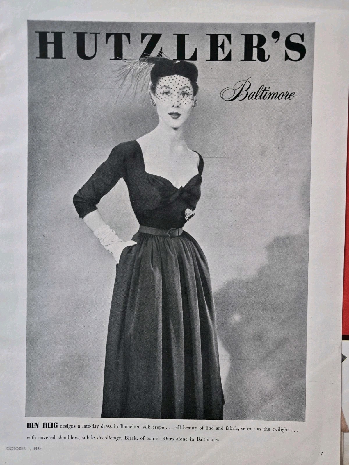 1954 Women's Ben Reig Bianchini silk crepe dress Hutzler's Baltimore Vintage ad 1954 Women's Ben Reig Bianchini silk crepe dress Hutzler's Baltimore Vintage ad