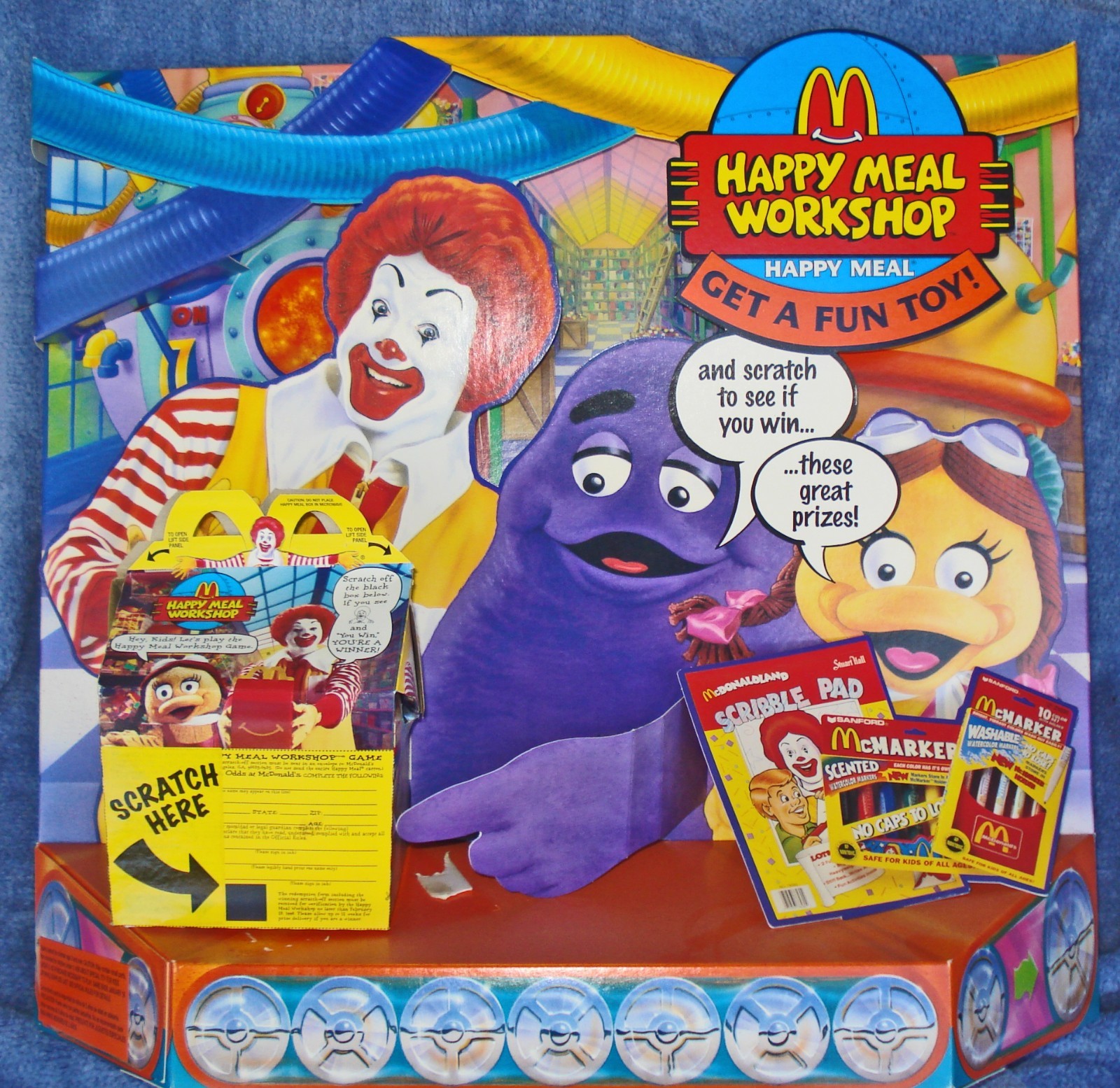 1996 MCDONALD\'S HAPPY MEAL DISPLAY WORKSHOP W/4 DIFFERENT MEAL BOXES-DISMANTLED