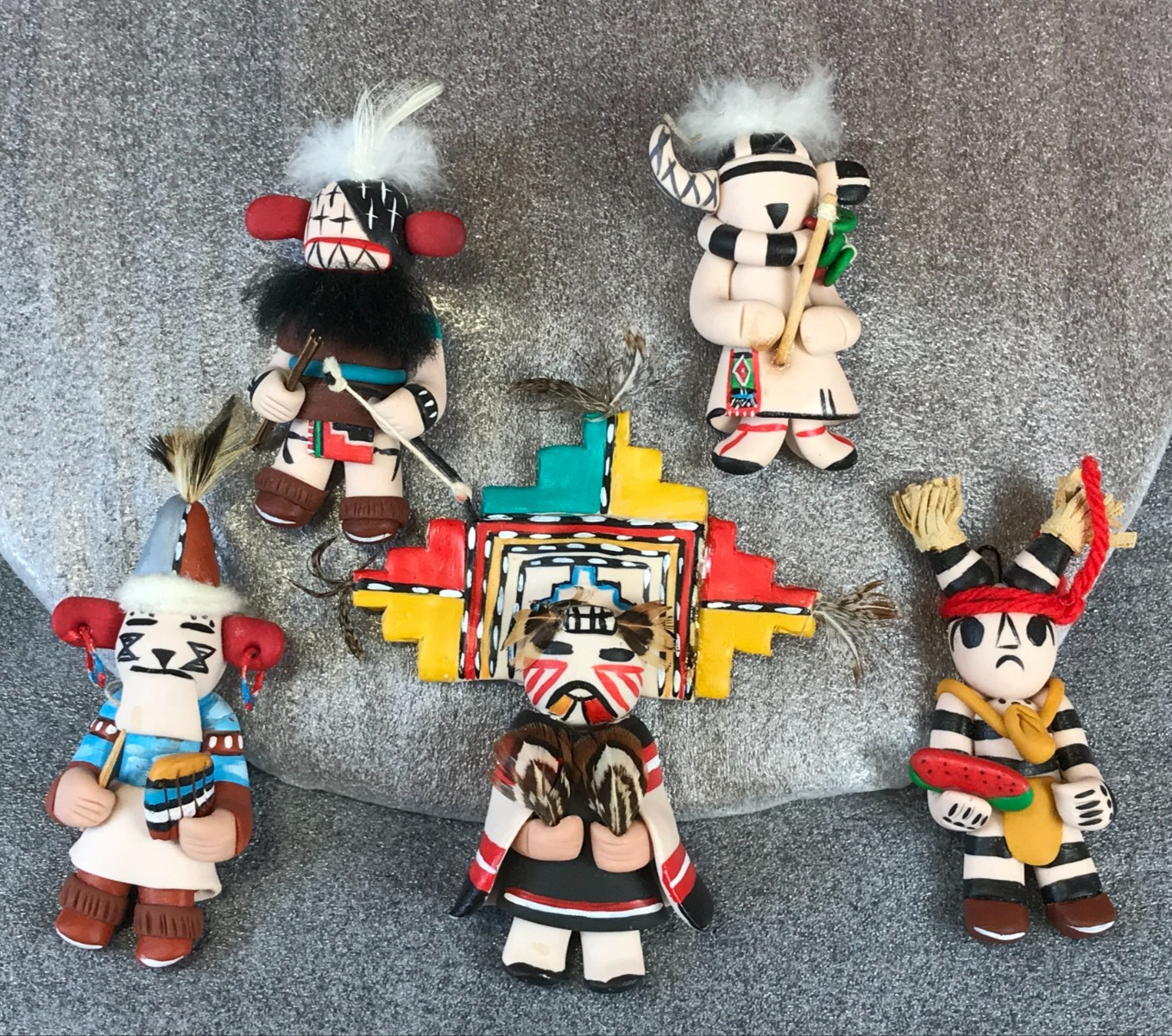 5 JEMEZ Poly Clay Kachina Hopi CLOWN WARRIOR Koshane Ornaments Signed Elsie '95 5 JEMEZ Poly Clay Kachina Hopi CLOWN WARRIOR Koshane Ornaments Signed Elsie '95