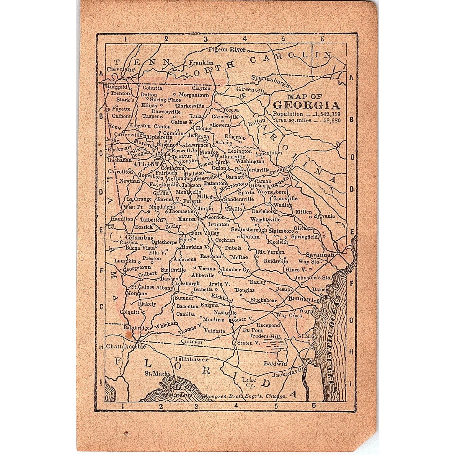 Antique 1889 Map of Georgia 1889 Pocket Map Engraving SAG4-H4