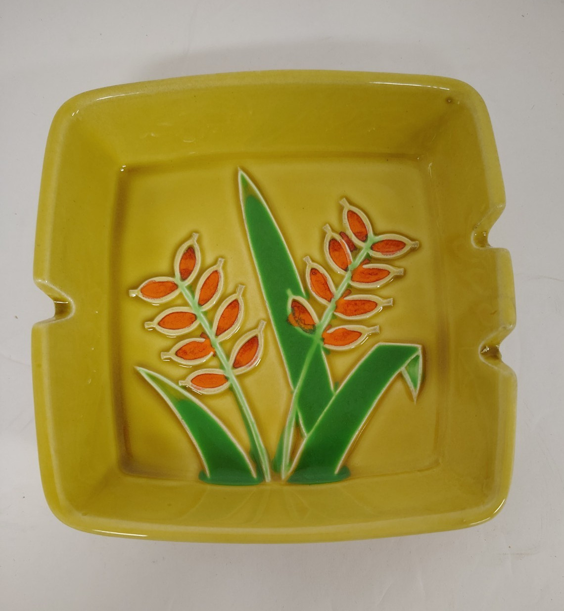 Vintage mid century modern ceramic ash tray with embossed flowers gold & greens