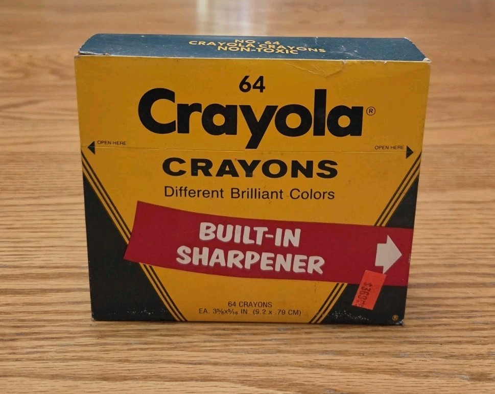 Vintage Binney Smith Crayola Crayons 64 Box w/ Sharpener & Retired Colors Sealed