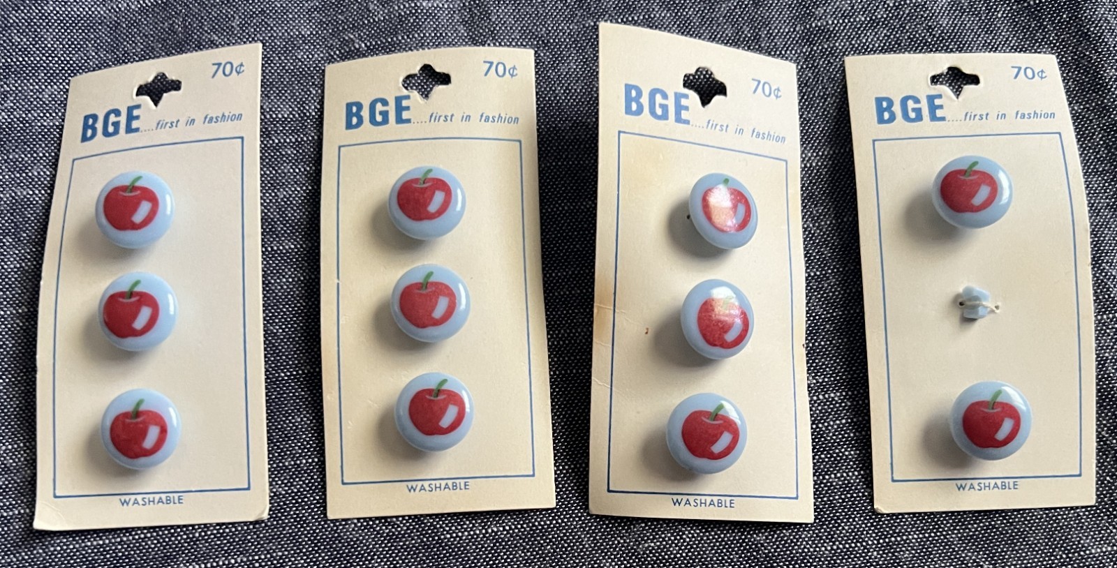 BGE Vintage Buttons 4 Cards 11 Buttons Shank Blue Red Apples Made in Japan BGE Vintage Buttons 4 Cards 11 Buttons Shank Blue Red Apples Made in Japan