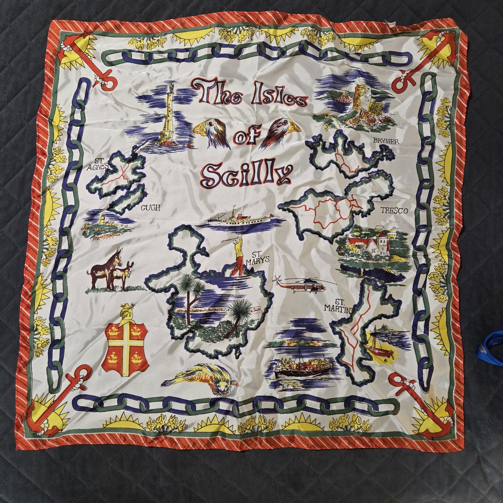 Vintage 1950s? Souvenir Scarf Isles of Scilly Hand Rolled Edge 26\ Vintage 1950s? Souvenir Scarf Isles of Scilly Hand Rolled Edge 26\