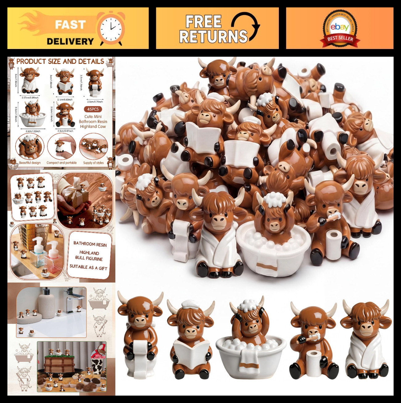 45 Pcs Mini Highland Cow Figurines - Cute Resin Statues for Home, Bathroom, Gard