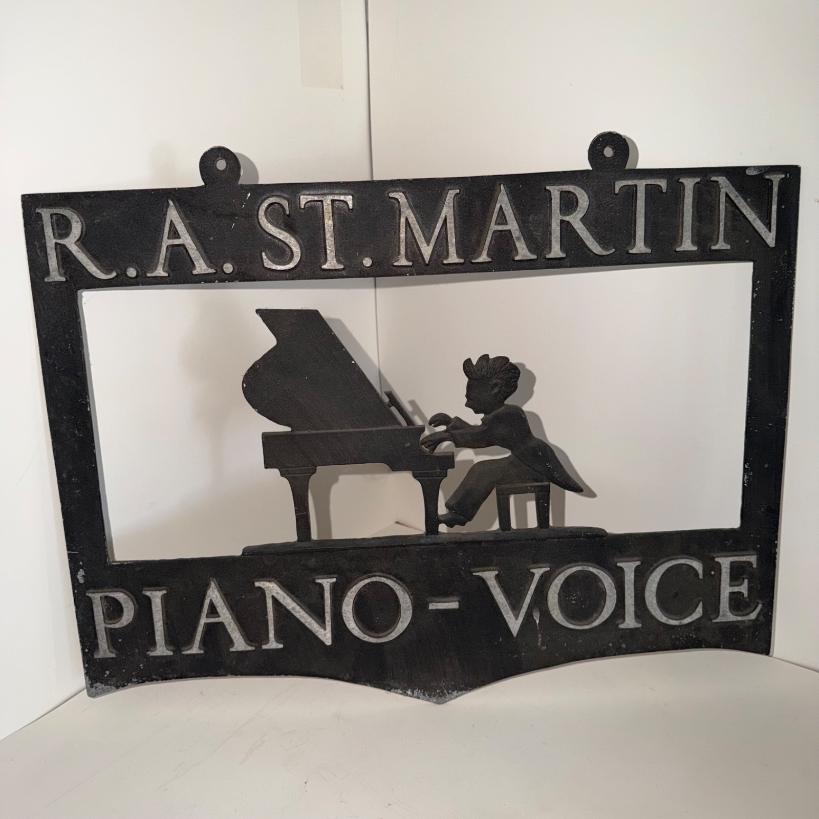 Vintage R.A. St. Martin Piano Voice Cadt Metal Trade Sign Pianist 19 1/2”x14 1/2 Vintage R.A. St. Martin Piano Voice Cadt Metal Trade Sign Pianist 19 1/2”x14 1/2