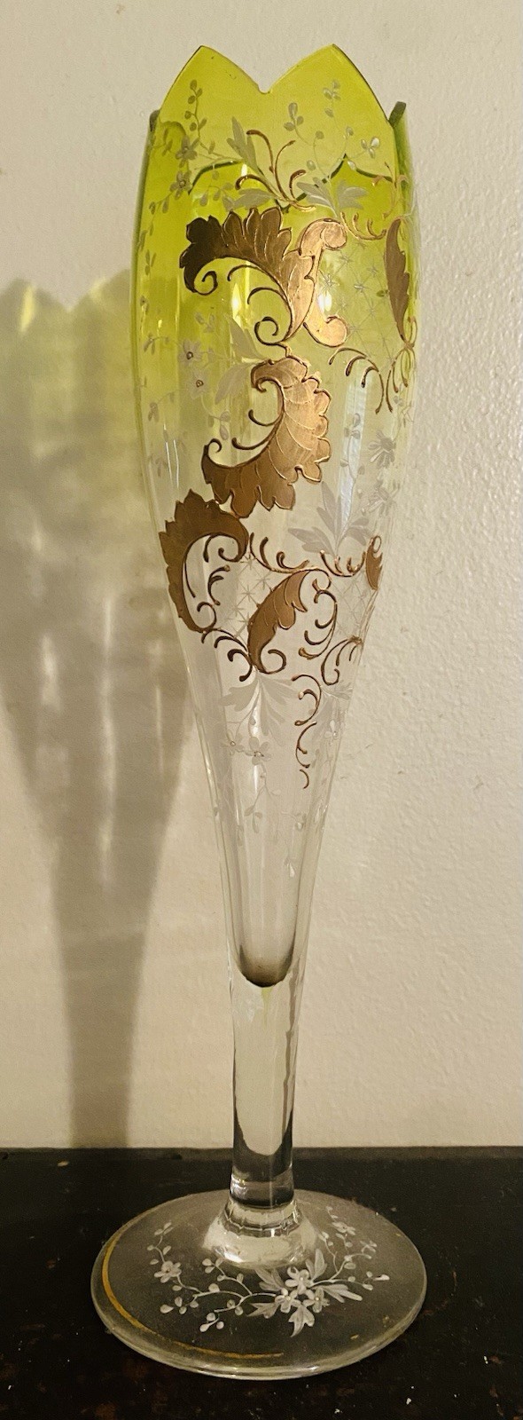 Super Tall Antique c.1880 Bohemian HARRACH FLORAL Enamel Gold Gilded Glass Vase