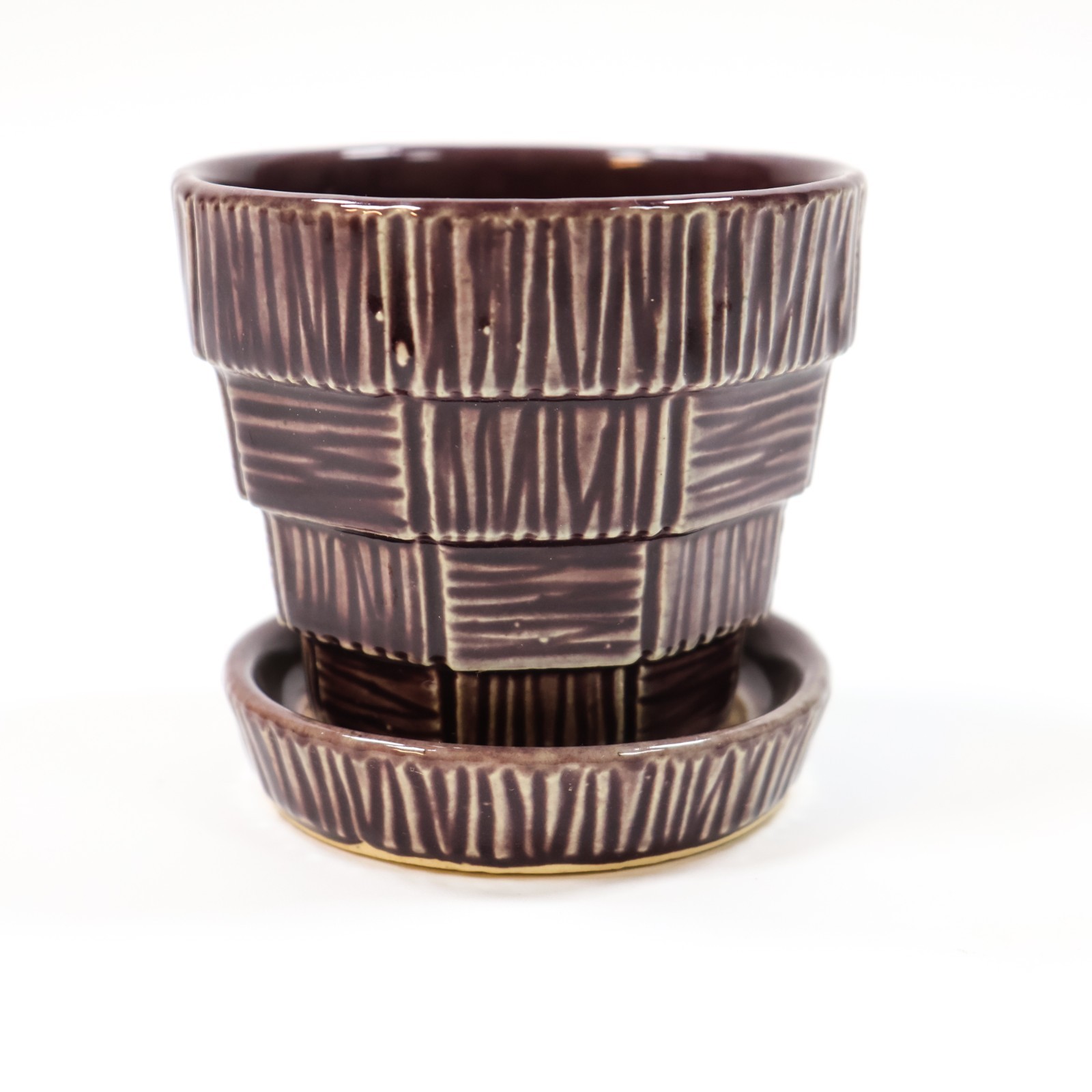 Vintage MCCOY Basketweave Ceramic FLOWER POT PLANTER with Saucer Purple 3in Vintage MCCOY Basketweave Ceramic FLOWER POT PLANTER with Saucer Purple 3in