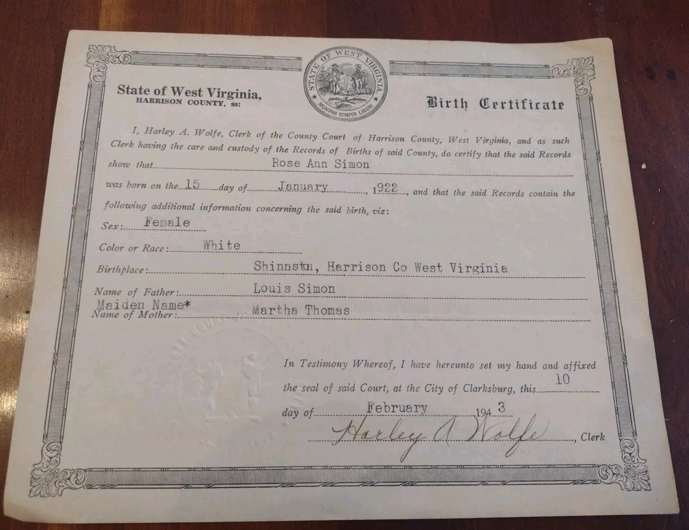 1922 Harrison County West Virginia WV Birth Certificate Shinnston