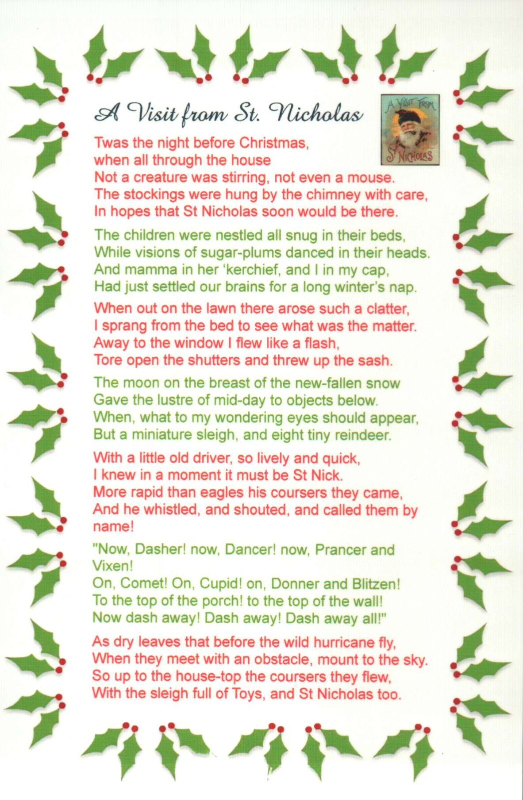 A Visit from St Nicholas Poem, Saint Nick, Twas the Night Before Christmas, Card